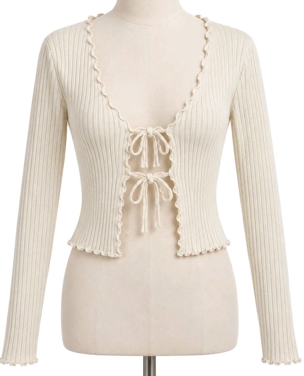 Vtg Y2K American Eagle Cardigan Sweater Large Cream Ribbed Tie Front Top